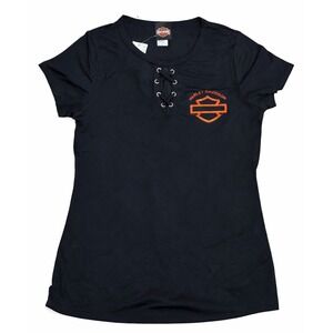 Harley Davidson Lace Up Tee NWT Black Womens XL Biker‎ Graphic Top